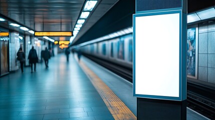 Wall Mural - White billboard mockup stands in a subway or train station poised to convey compelling advertisements to the commuting audience : Generative AI