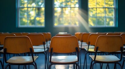 Student wooden chairs in university classroom with sunlight from window Empty classroom with vintage tone wooden chairs Back to school concept : Generative AI