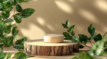 Poster - Minimal modern product display on neutral beige background Wood slice podium and green leaves Concept scene stage showcase for new product promotion sale banner presentation cosmetic : Generative AI