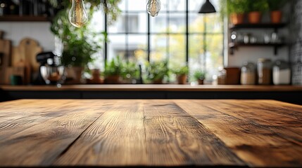 Fototapete - Empty horizontal wooden table top with blur background in a kitchen : Generative AI
