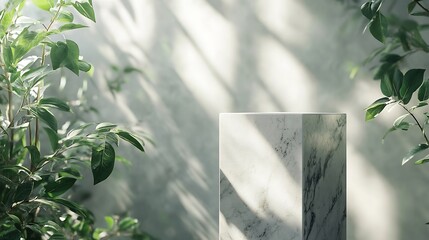 Fototapete - Luxurious stonemarble pedestal basks in foliage gobo sunlight Wooden rod backdrop adds depth and elegance Ideal for premium product showcases and sophisticated designs : Generative AI
