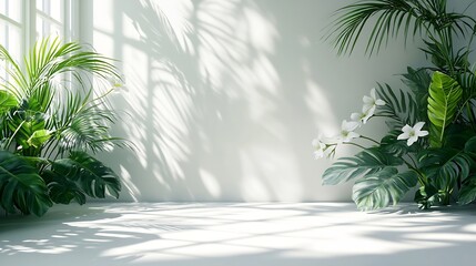 Aufkleber - Abstract white studio background for product presentation Empty room with shadows of window and flowers and palm leaves  3d room with copy space Summer concert Blurred backdrop : Generative AI