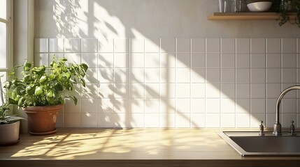 Poster - A sunny kitchen with white tile walls a wooden table and sink : Generative AI