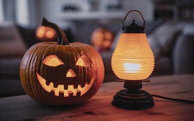 Wall Mural - Decoration of Halloween carved pumpkin placed next to glowing lamp decoration.