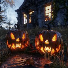 Two glowing jack-o'-lanterns with carved faces, side by side, blurred children of various nationalities dressed for Halloween, background of abandoned house. Festival of important days 