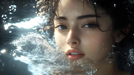 Close-up of a woman's face emerging from water, with sparkling water droplets.