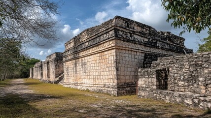 Ancient stone ruins of Mayan architecture Cloudy sky