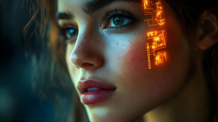 Wall Mural - Closeup of a woman's face with glowing digital code on her cheek.