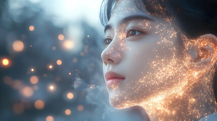 Wall Mural - Close-up of a woman's face with glowing particles.