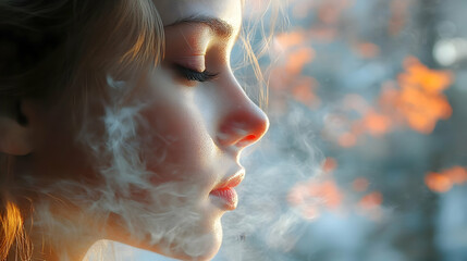 Canvas Print - Close-up of a woman's face with smoke in front of her.