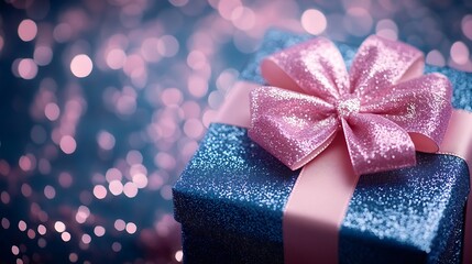 Blue sparkling gift box with pink ribbon bow on pink bokeh background Gift or holiday concept Mothers Day birthday wedding or St Valentines day with copy space Minimal monochrome wide  : Generative AI