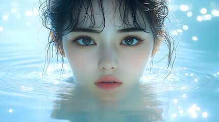 Wall Mural - Close-up of a woman's face with wet hair emerging from the water, looking at the camera with a gentle expression.