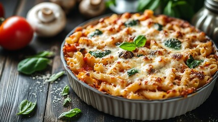 Canvas Print - Ground Chicken Pasta Bake with onion mushrooms spinach tomato sauce and mozzarella cheese in baking dish on dark wood table : Generative AI