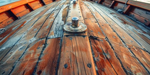 Antique boat deck viewed from a first-person perspective, showcasing the detailed wood grain texture.