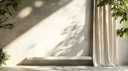 Leinwandbilder - White concrete empty table organic curtain and plant shadow on cement wall Summer exterior scene for product placement mockup Neutral minimal aesthetic : Generative AI