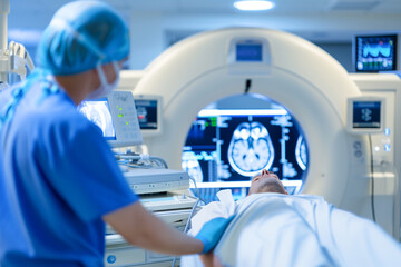 Wall Mural - A man is laying on a table in a hospital room with a doctor standing behind him