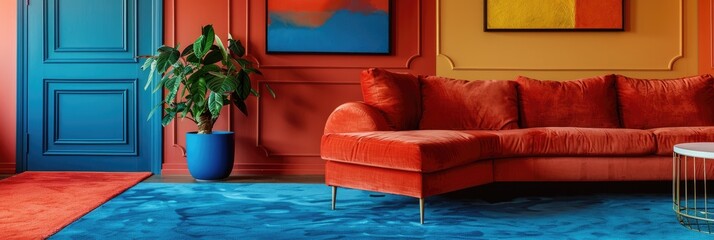 Sticker - Red chair and blue carpet adjacent to a couch in a lively living room featuring a ficus plant and wall artwork.