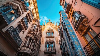 Architectural view of ornate, historical building between colorful city structures under blue sky