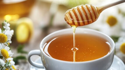 Wall Mural - A spoonful of organic honey being poured into a cup of herbal tea, highlighting its natural health benefits