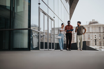 Three business people collaborating and discussing ideas outdoors in an urban city setting near a modern glass building.