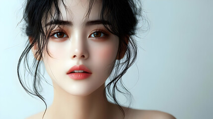 Canvas Print - Close-up portrait of a beautiful young woman with long black hair and soft makeup looking at the camera.