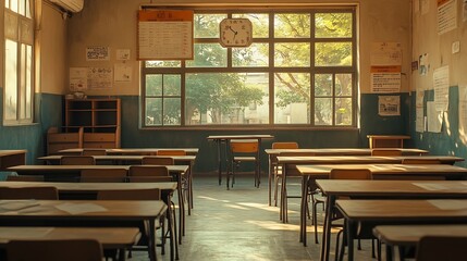 Poster - Lecture room or School empty classroom with desks and chair iron wood in high school thailand interior of 
secondary education vintage tone educational concept : Generative AI