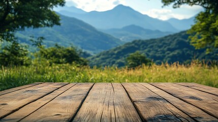 Leinwandbilder - Wooden table top on blur mountain and grass fieldFresh and Relax conceptFor montage product display or design key visual layoutView of copy space : Generative AI