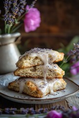 Wall Mural - Lemon poppy seed scones topped with a delicate lavender glaze. The golden, flaky pastry contrasts with the light purple drizzle, creating a fresh and fragrant treat perfect for any occasion.