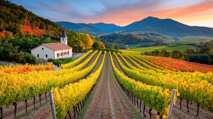 Autumn Vineyard Landscape with Chapel and Mountains