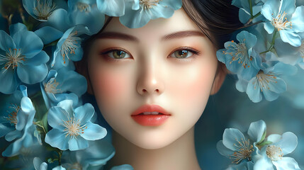 Poster - Close-up portrait of a woman with blue flowers surrounding her face.