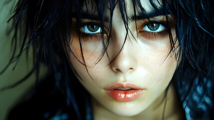 Poster - Close-up portrait of a woman with wet hair and green eyes.