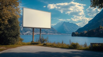 Wall Mural - White billboard in Lugano between the lake and the road : Generative AI