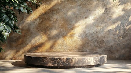 Aufkleber - Natural stone podium for beauty and spa cosmetic brand display on brown background wall with plant shadow Luxury granite material and neutral aesthetic interior scene for product place : Generative AI