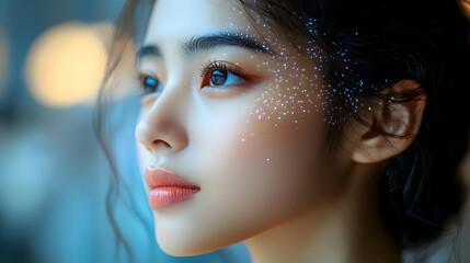 Canvas Print - Close-up portrait of a young woman with a sparkling makeup look, her eyes looking away from the camera.