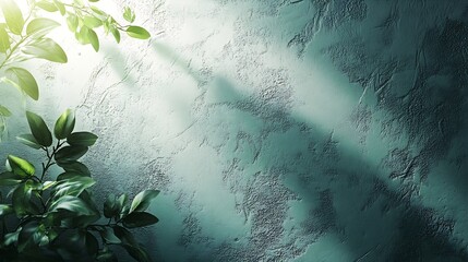 Aufkleber - Pale green textured plaster wall with abstract sun light shadow foliage silhouette elegant floral background with copy space : Generative AI