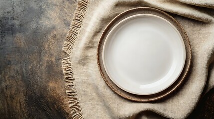 Poster - Empty white plate with a beige linen napkin on a brown rustic background Top view flat lay copy space : Generative AI