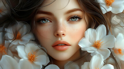 Poster - Closeup portrait of a young woman with blue eyes and white flowers around her face.