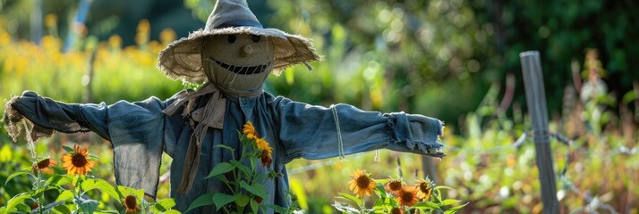 Poster - Scarecrow placed in the garden to repel birds Techniques for managing pests in gardens Tips and tricks for successful farming