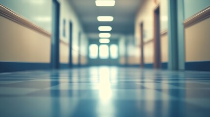 Fototapete - ABSTRACT BLUR CANTEEN ROOM BACKGROUND Office building or university lobby hall blur background with blurry school hallway corridor interior view toward empty corridor entrance : Generative AI