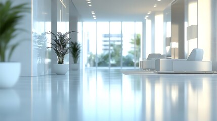 Fototapete - Blurred hotel or office building lobby blur background interior view toward reception hall modern luxury white room space with blurry corridor and building glass wall window : Generative AI