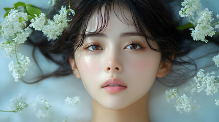 Poster - Close-up portrait of a young woman with flowers in her hair.