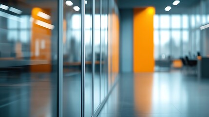 Fototapete - Beautiful blurred background of a modern office interior in gray tones with panoramic windows glass partitions and orange color accents : Generative AI
