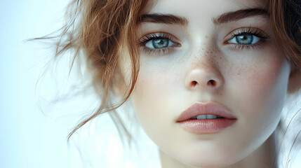 Wall Mural - Close-up portrait of a young woman with freckles and blue eyes.