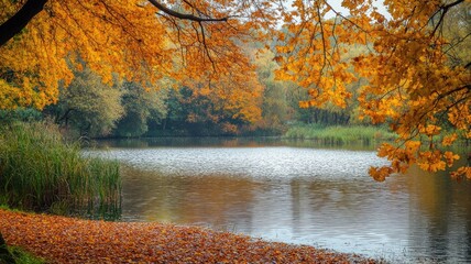 Wall Mural - Serene lake in autumn grove with colorful foliage