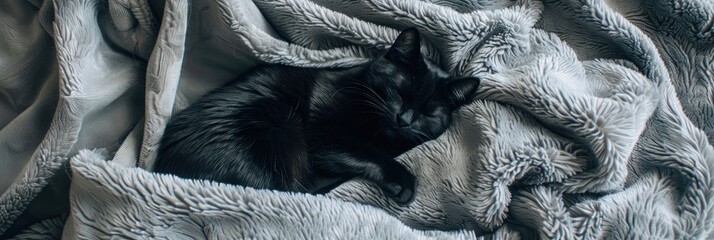 Canvas Print - Black feline resting on a cozy blanket seen from above