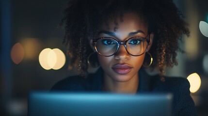 Poster - Pensive AfricanAmerican executive read information on laptop in dark empty office Businesswoman work on computer late in modern office : Generative AI