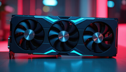 Poster - Triple-Fan Graphics Card with Red and Blue Lighting: A high-performance graphics card with triple fans, featuring red and blue lighting, symbolizing advanced gaming technology.