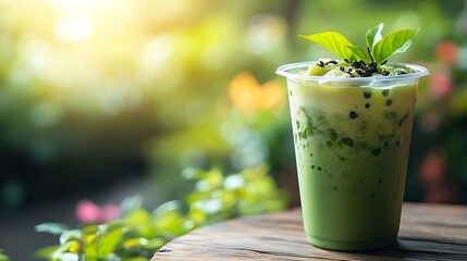 Aufkleber - A green matcha tea drink in a plastic cup sits on a wooden table with garden background : Generative AI