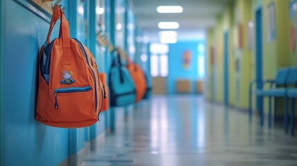 Aufkleber - Empty hallway in the school backpacks and bags on hooks bright recreation room : Generative AI