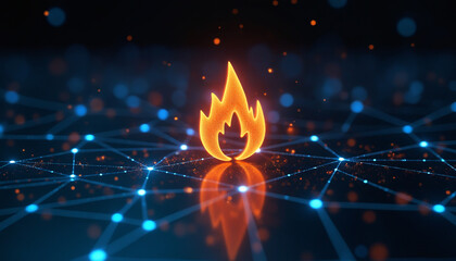 Poster - digital flame icon with network integration: a digital flame icon integrated into a network, symboli